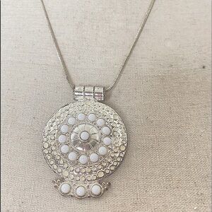 Vintage Round Silver Necklace with white settings. Silver Back. w/Chain.